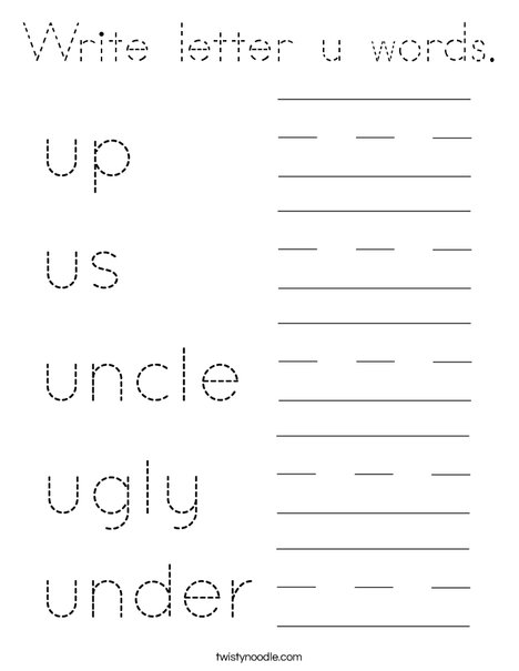 Write letter u words Coloring Page - Tracing - Twisty Noodle
