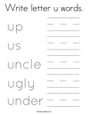 Write letter u words Coloring Page