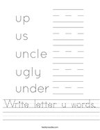 Write letter u words Handwriting Sheet