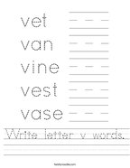 Write letter v words Handwriting Sheet