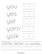 Write letter y words Handwriting Sheet