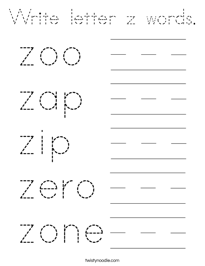 Write letter z words. Coloring Page