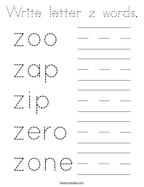 Write letter z words. Coloring Page