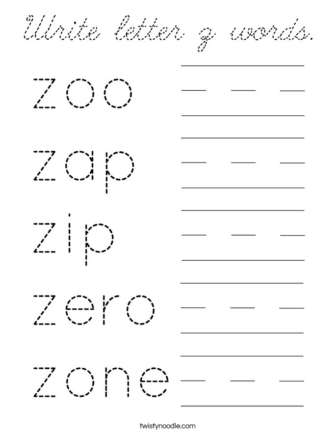 Write letter z words Coloring Page - Cursive - Twisty Noodle