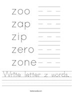 Write letter z words Handwriting Sheet