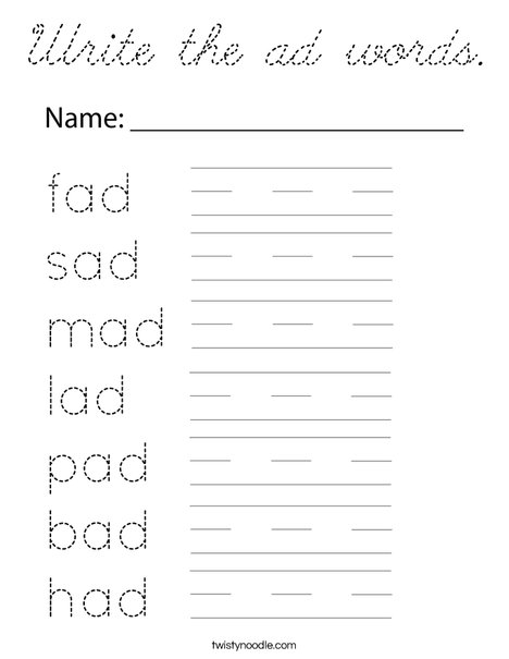 Write the ad words. Coloring Page