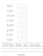 Write the an words Handwriting Sheet