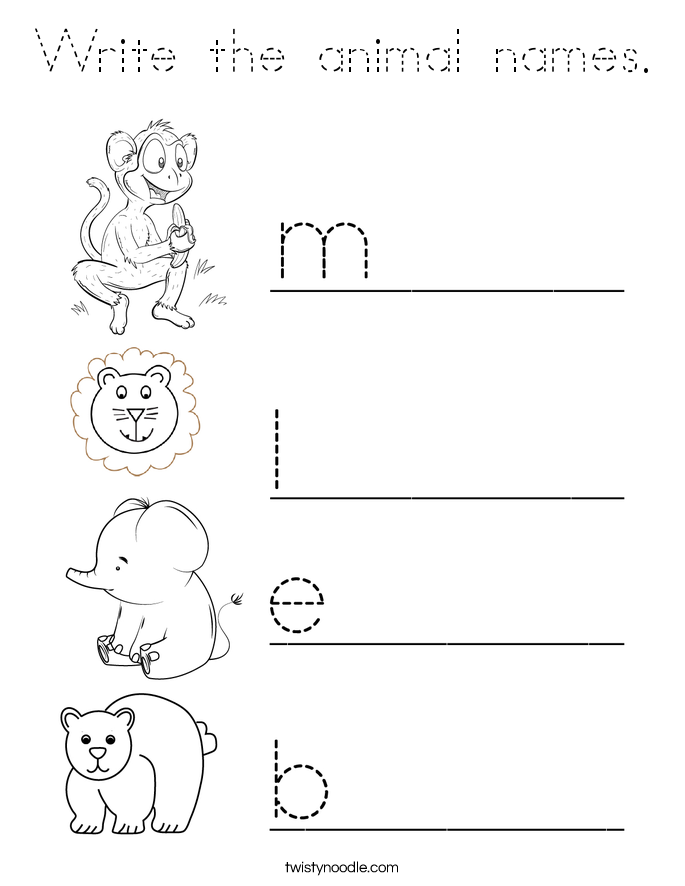 Write the animal names. Coloring Page