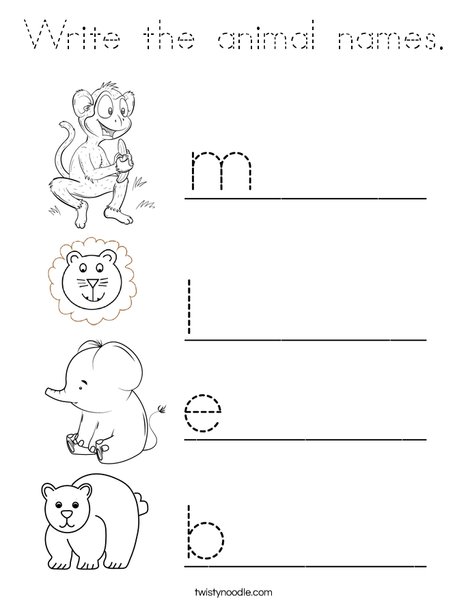 Write the animal names. Coloring Page