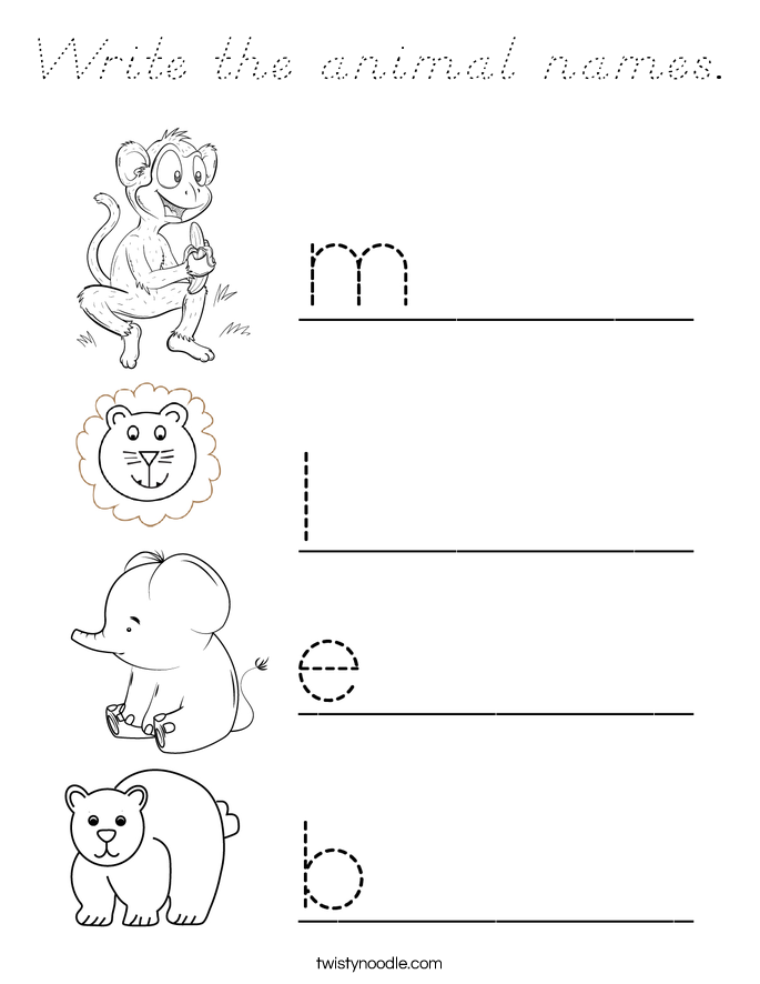 Write the animal names. Coloring Page