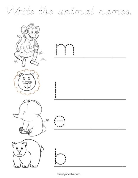 Write the animal names. Coloring Page