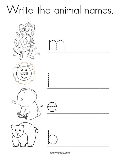 Write the animal names. Coloring Page