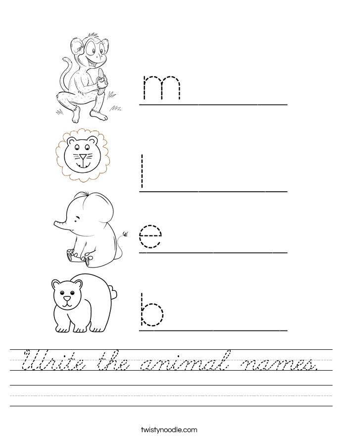 Write the animal names. Worksheet