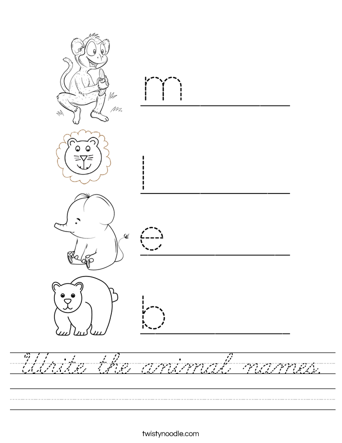 Write the animal names Worksheet - Cursive - Twisty Noodle