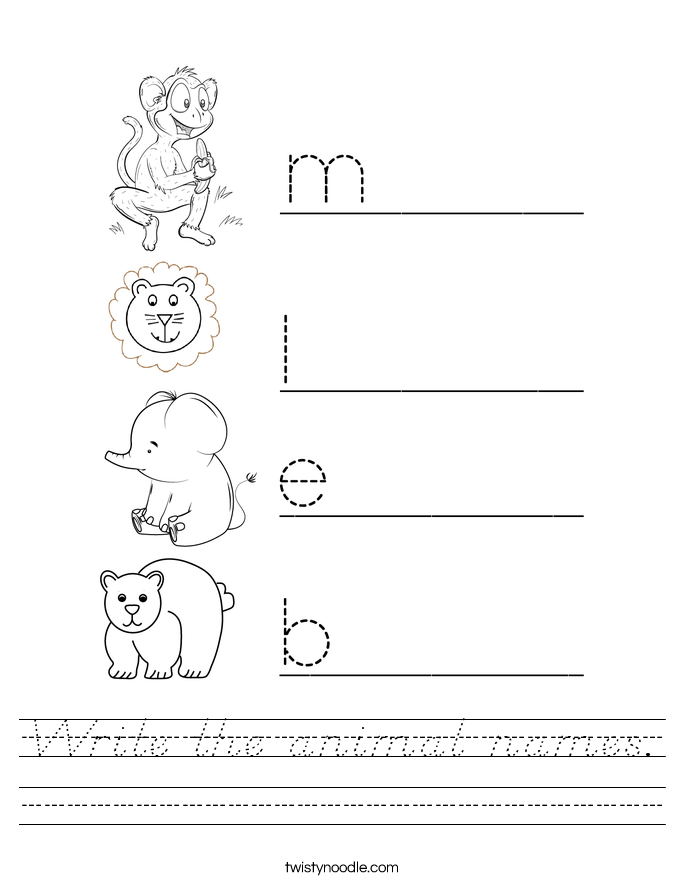 Write the animal names Worksheet - D'Nealian - Twisty Noodle