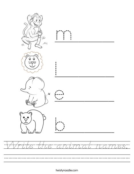 Write the animal names Worksheet - D'Nealian - Twisty Noodle