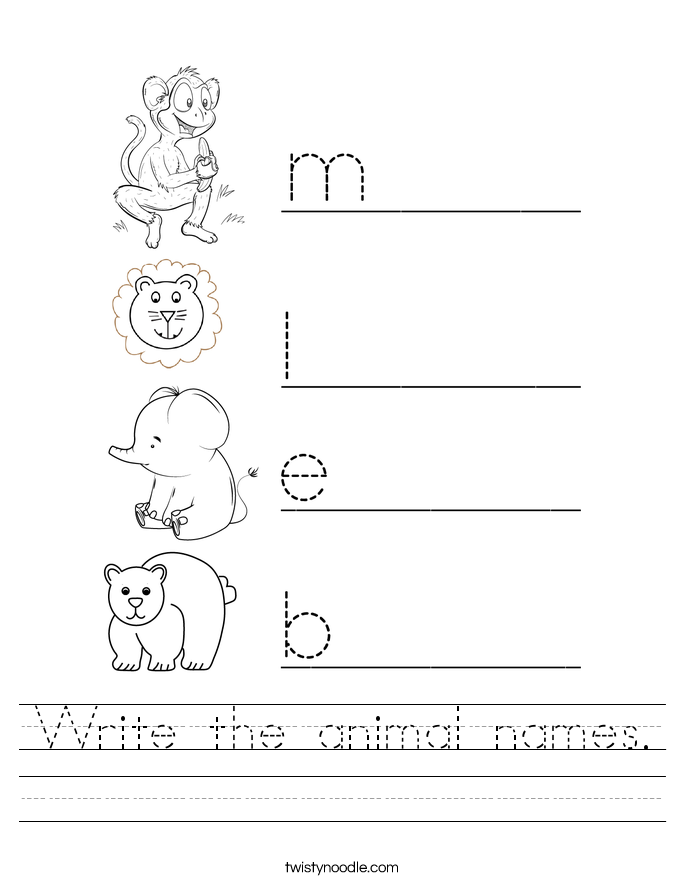 Write the animal names Worksheet - Twisty Noodle