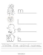 Write the animal names Handwriting Sheet