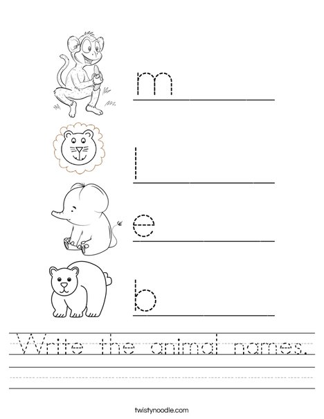 Write the animal names. Worksheet