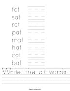Write the at words Handwriting Sheet