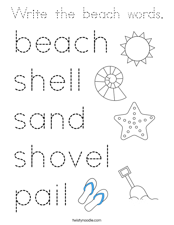 Write the beach words. Coloring Page