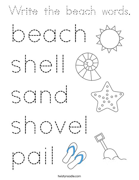 Write the beach words. Coloring Page