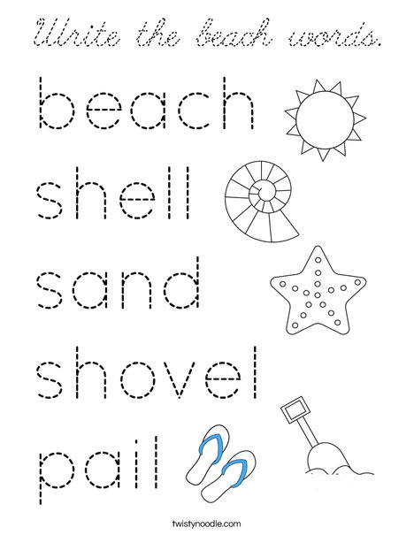 Write the beach words. Coloring Page