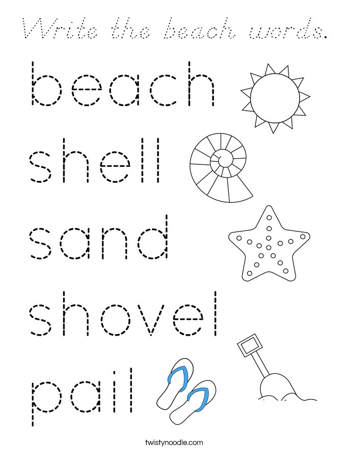 Write the beach words. Coloring Page