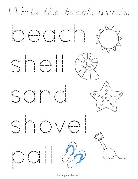 Write the beach words. Coloring Page