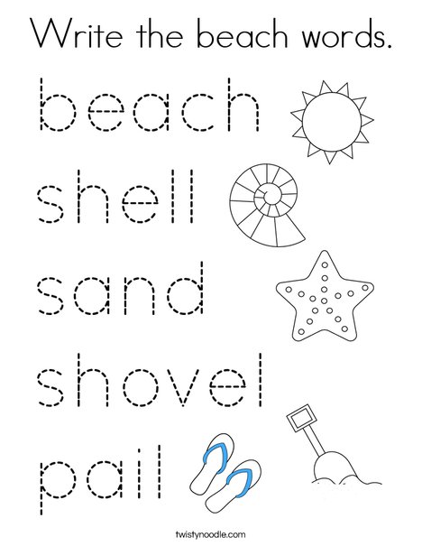 Write the beach words Coloring Page - Twisty Noodle