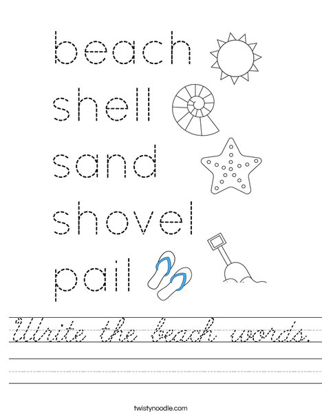 Write the beach words. Worksheet