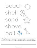 Write the beach words Handwriting Sheet