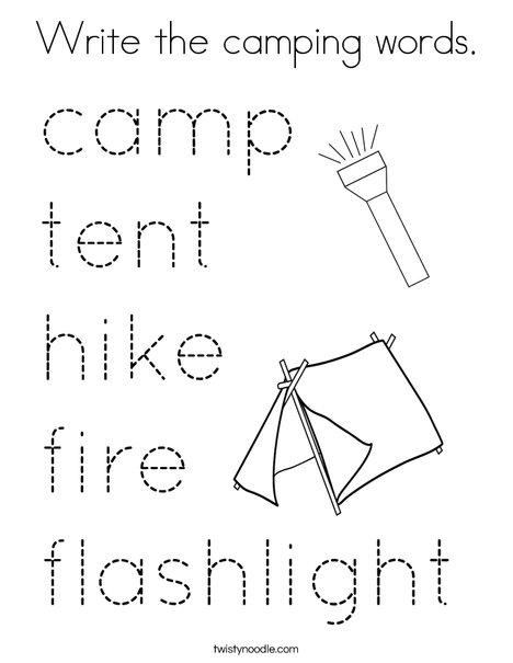 Write the camping words. Coloring Page