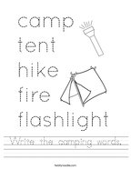 Write the camping words Handwriting Sheet