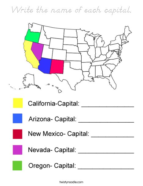 Write the Capital Names- West Coloring Page