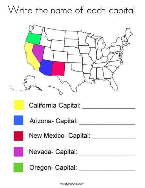 Write the Capital Names- West Coloring Page