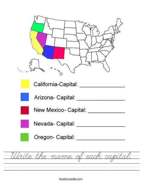 Write the Capital Names- West Worksheet