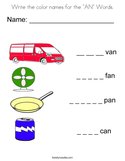 Write the color names for the "AN" Words Coloring Page