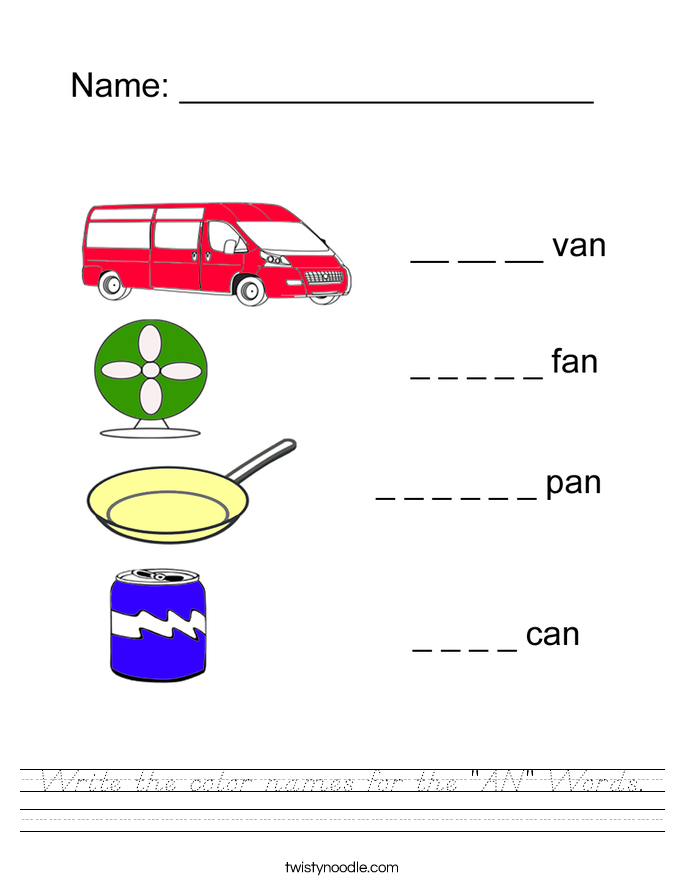Write the color names for the "AN" Words. Worksheet