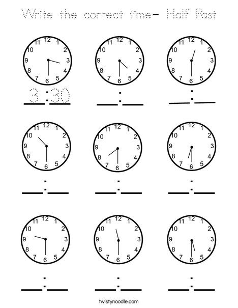 Write the correct time- Half Past Coloring Page