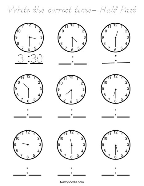 Download Write the correct time- Half Past Coloring Page - D'Nealian - Twisty Noodle