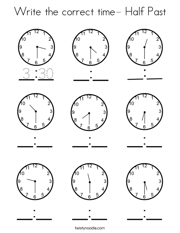 Write the correct time- Half Past Coloring Page