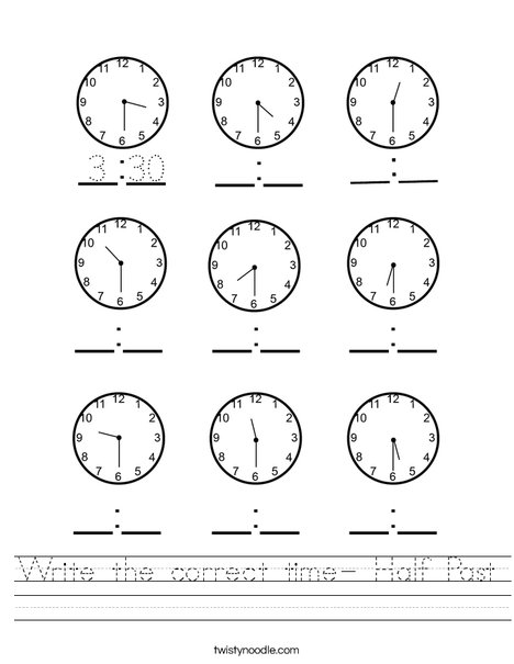 Write the correct time- Half Past Worksheet