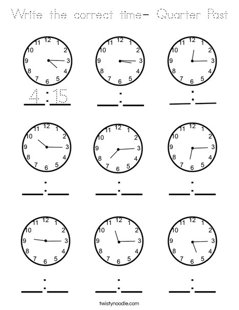 Write the correct time- Quarter Past Coloring Page