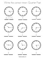Write the correct time- Quarter Past Coloring Page