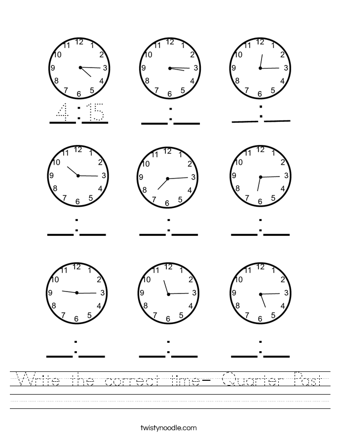 Write the correct time- Quarter Past Worksheet