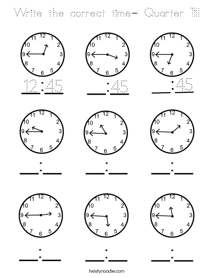 Write the correct time- Quarter Till Coloring Page