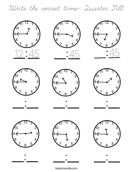 Write the correct time- Quarter Till Coloring Page