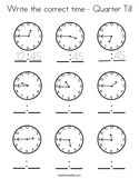 Write the correct time- Quarter Till Coloring Page
