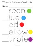 Write the first letter of each color. Coloring Page